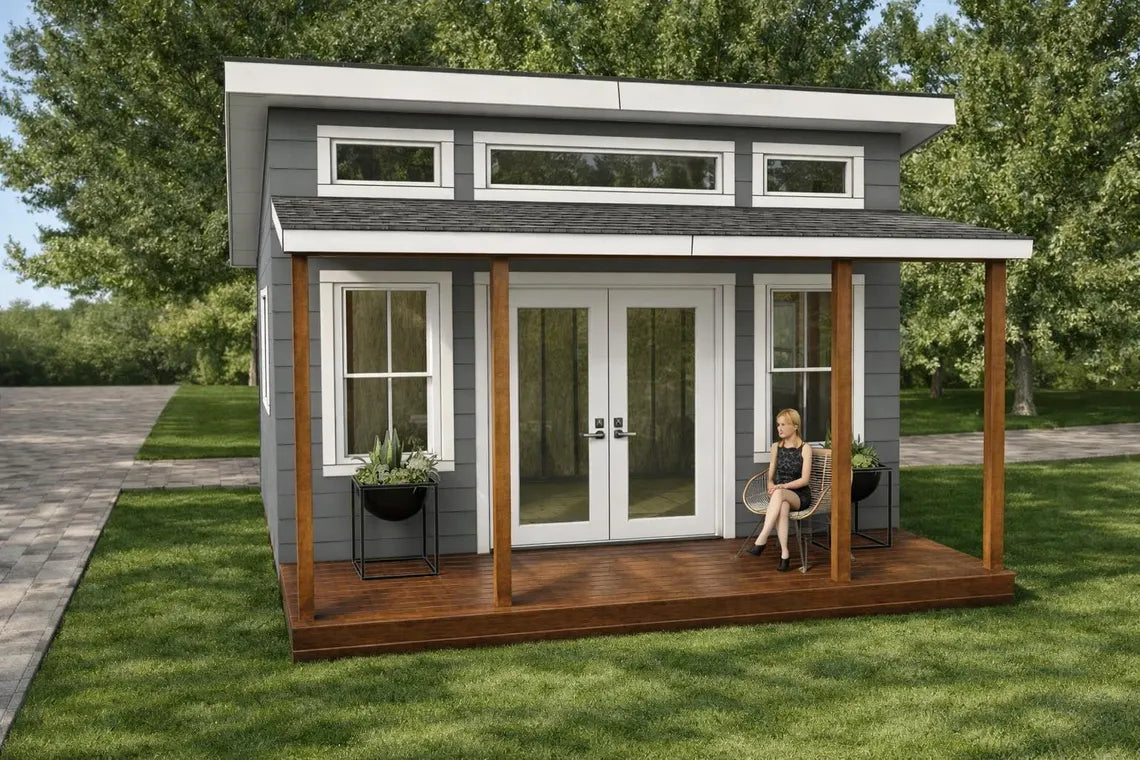 12x16 Modern Shed Plans with Porch – Backyard Office/Studio (PDF Download)