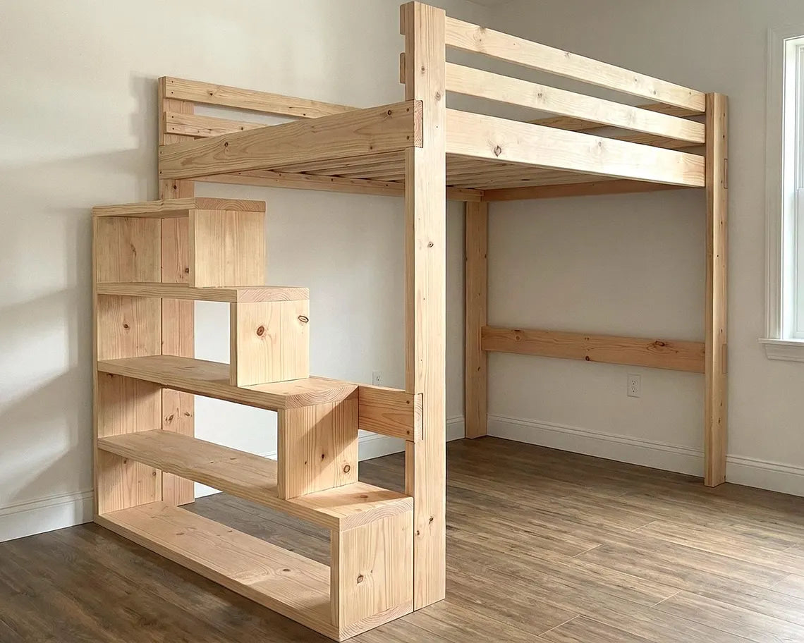 DIY Full Size Loft Bed Plan PDF: Built-In Stair Shelves, Beginner Friendly