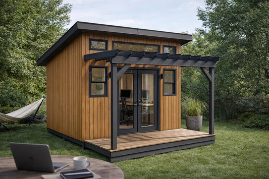 10x12 Guest House Shed Plans - Modern Office Shed with Deck Pergola Guide - PDF Download