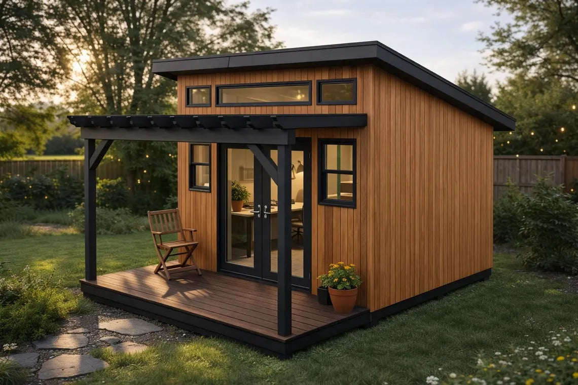 10x12 Guest House Shed Plans - Modern Office Shed with Deck Pergola Guide - PDF Download