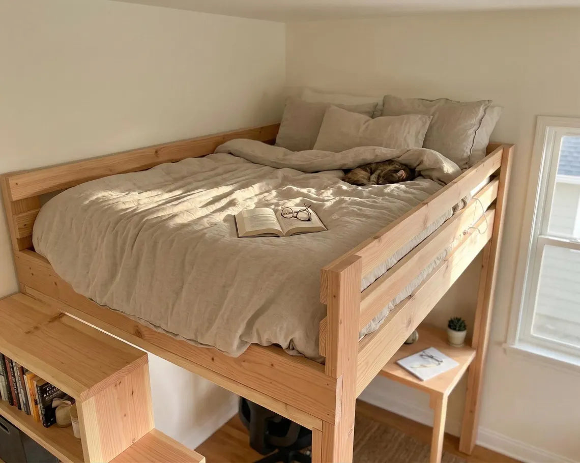 DIY Queen Size Loft Bed Plan PDF: Built-In Stair Shelves, Desk Included