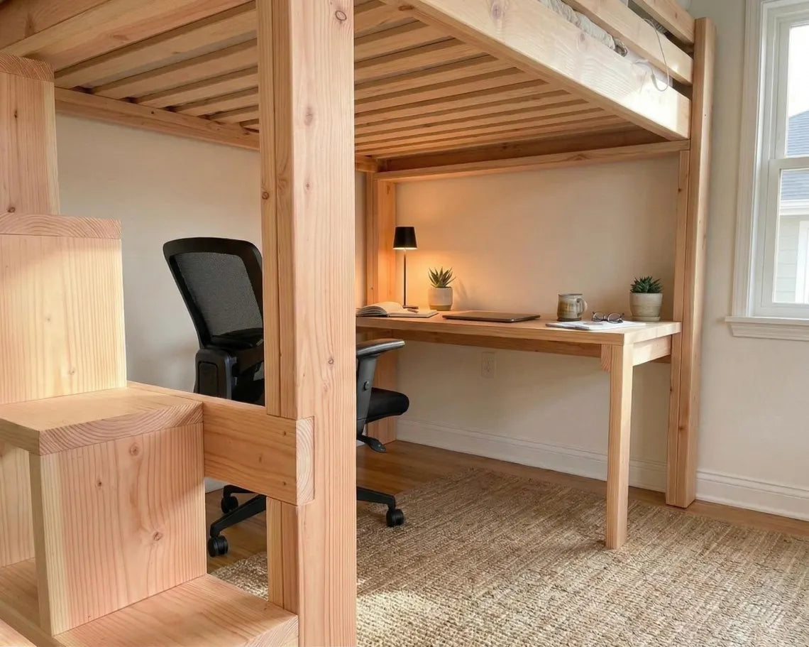 DIY Queen Size Loft Bed Plan PDF: Built-In Stair Shelves, Desk Included
