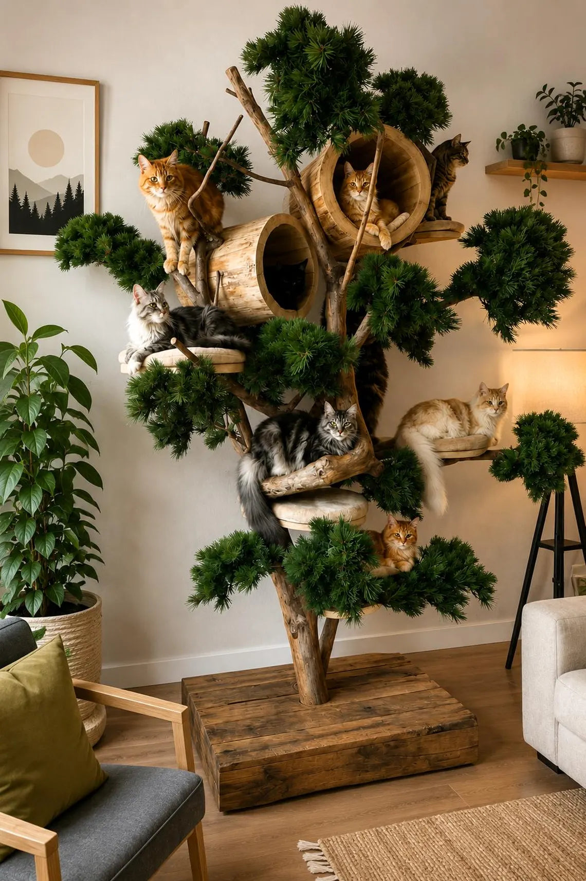 DIY Plan Wooden Cat Tree Tower, Multi-Level Perches, Sisal Scratching Posts, Modern Pet Furniture