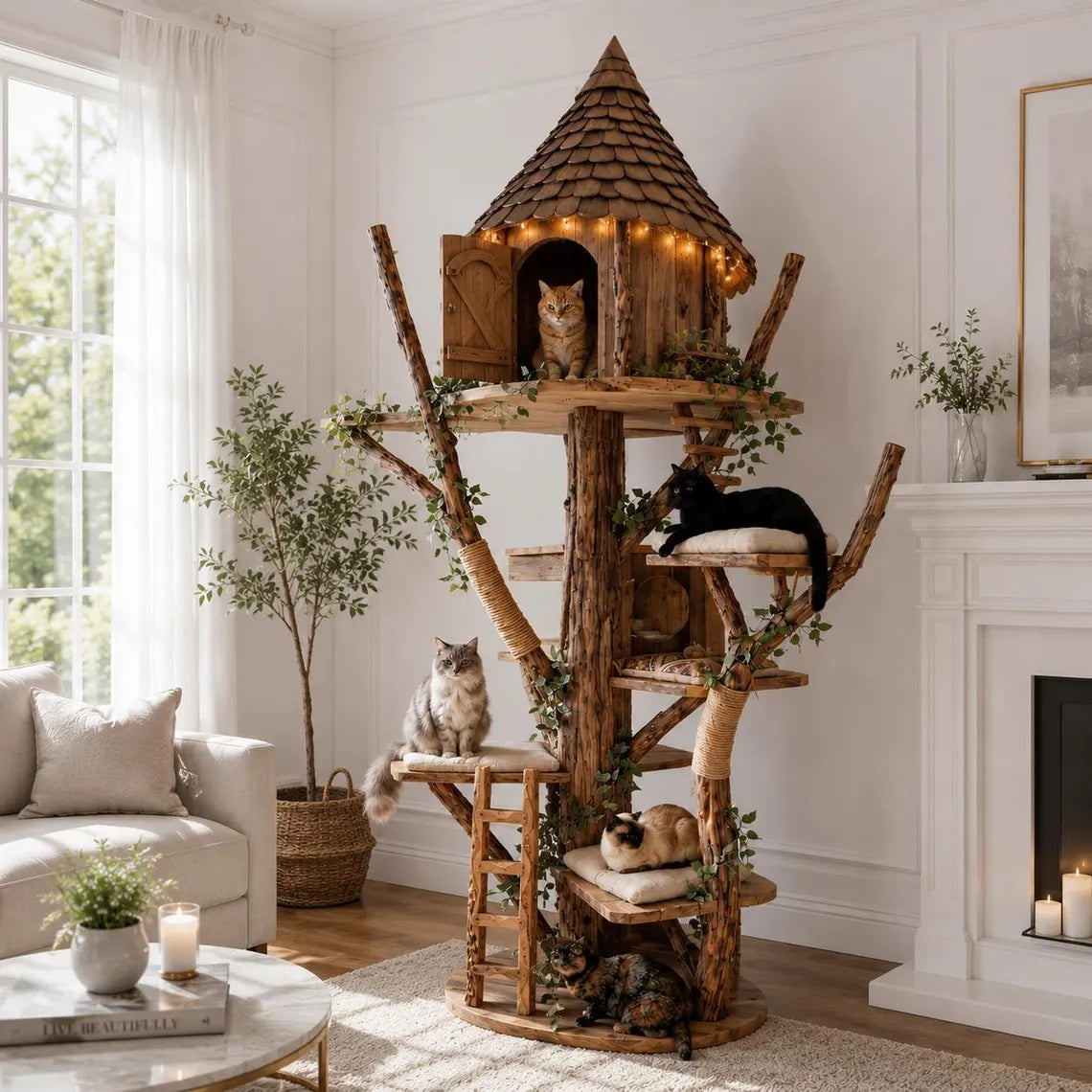 DIY Wooden Cat Tree Tower, Multi-Level Perches, Sisal Scratching Posts, Modern Pet Furniture