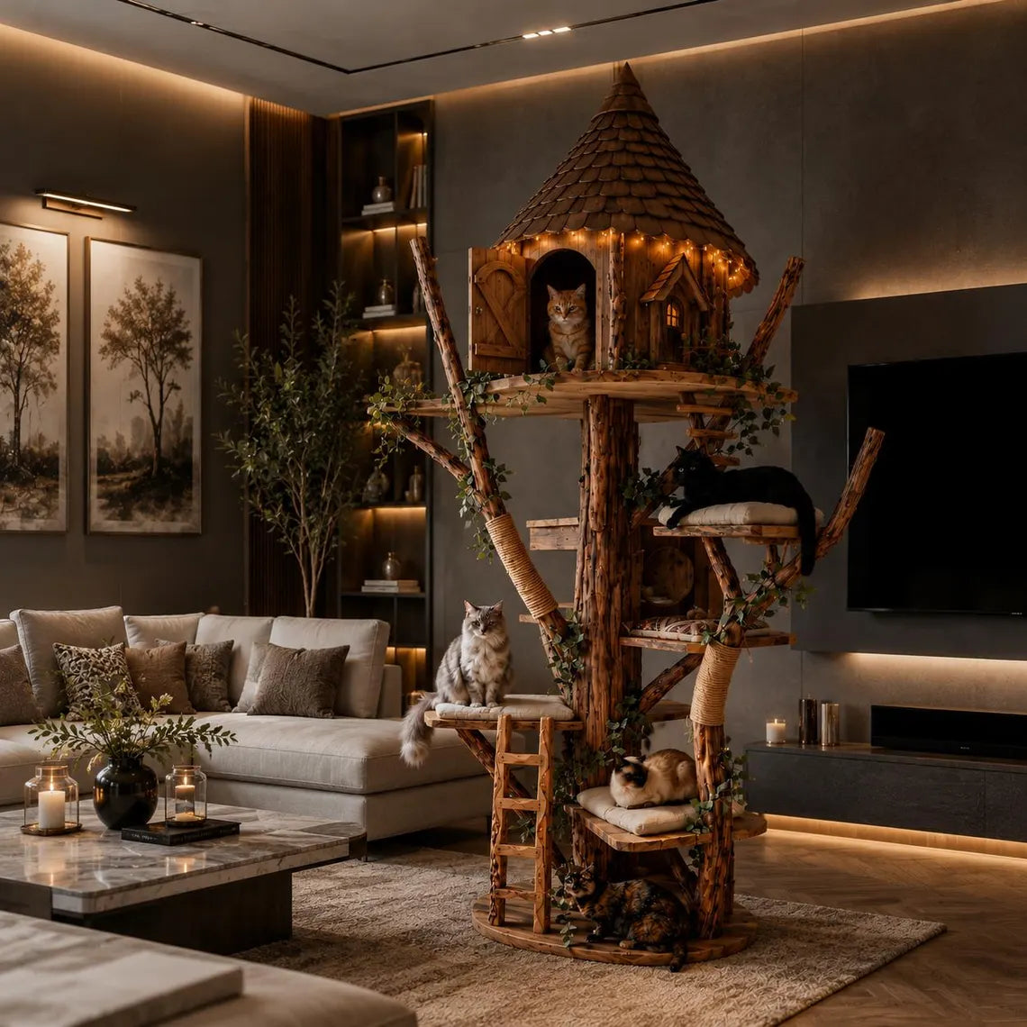 DIY Wooden Cat Tree Tower, Multi-Level Perches, Sisal Scratching Posts, Modern Pet Furniture